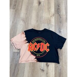 AC/DC Graphic Crop Top‎ Womens M/L Black Bleach Split Dye High Voltage Band Tee